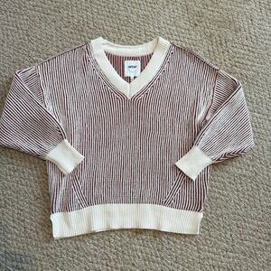 Aerie Striped V Neck Beyond Chenille Burgundy Cream Striped Ribbed Knit Medium